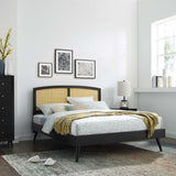 Cane and Wood Platform Bed with Splayed Legs