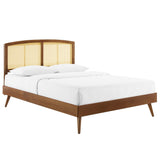 Cane and Wood Platform Bed with Splayed Legs