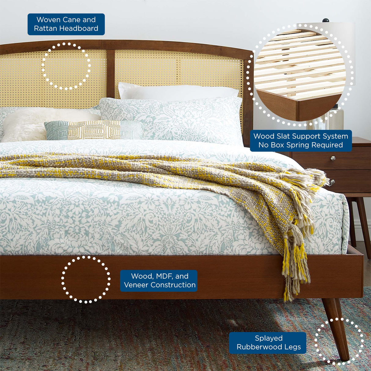 Cane and Wood Platform Bed with Splayed Legs