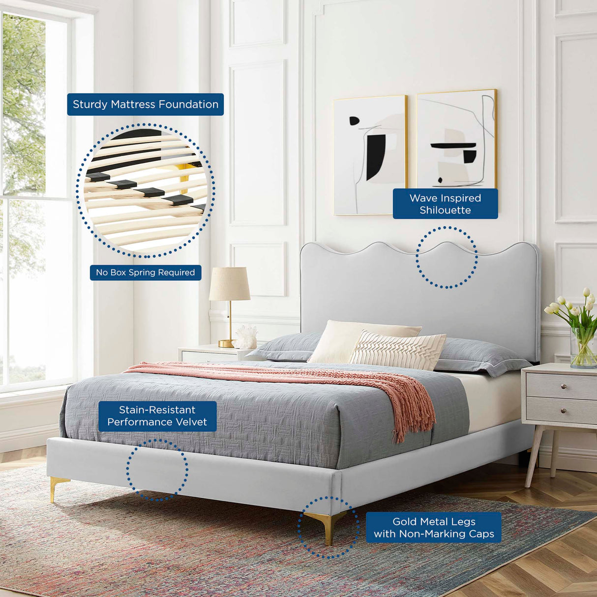Wave-Inspired Scalloped Performance Velvet Platform Bed