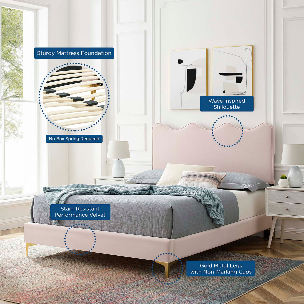 Wave-Inspired Scalloped Performance Velvet Platform Bed