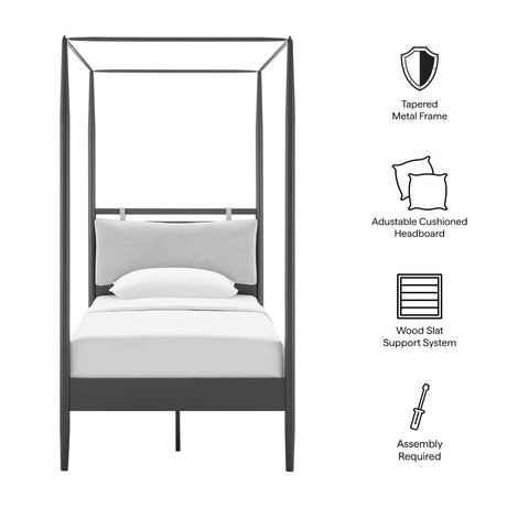 4-Poster Canopy Metal Platform Bed with Adjustable Cushioned Headboard
