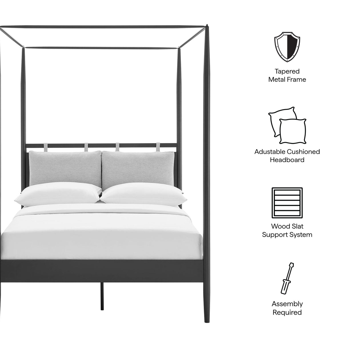 4-Poster Canopy Metal Platform Bed with Adjustable Cushioned Headboard