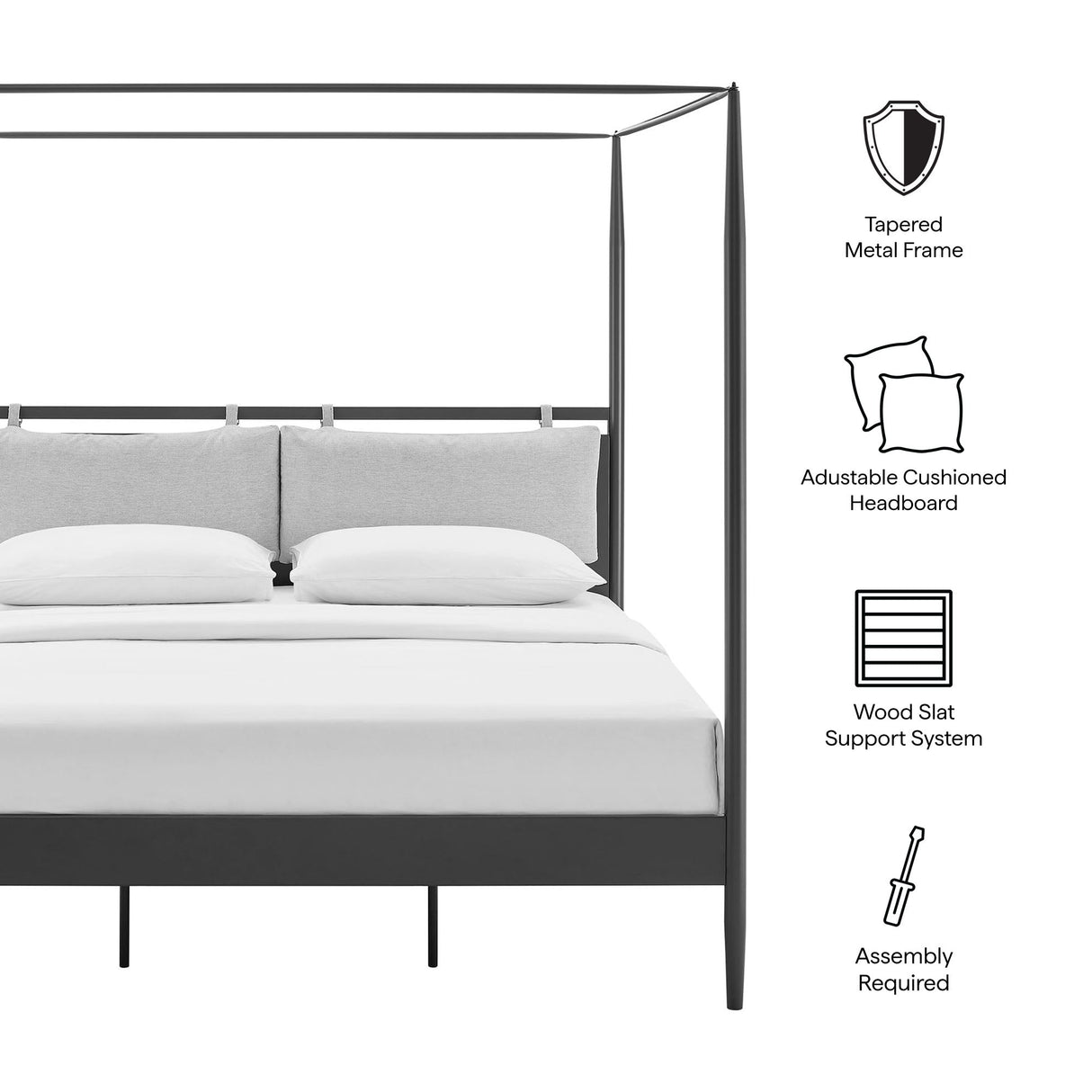 4-Poster Canopy Metal Platform Bed with Adjustable Cushioned Headboard