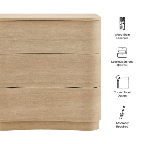 32" Brushed Light Oak Curved 3-Drawer Compact Dresser