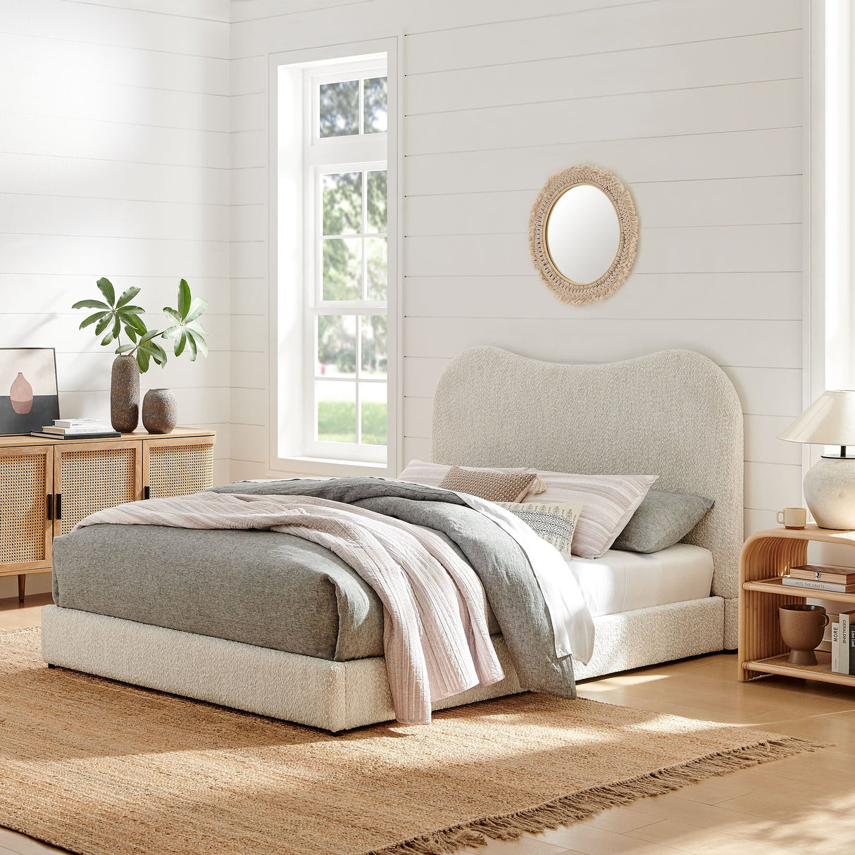 Sculptural Boucle Queen Platform Bed