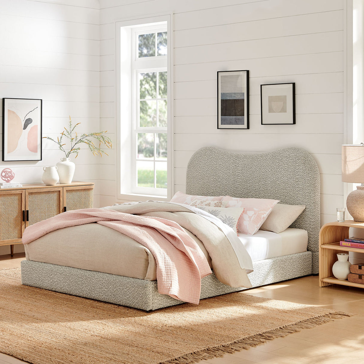 Sculptural Boucle Queen Platform Bed