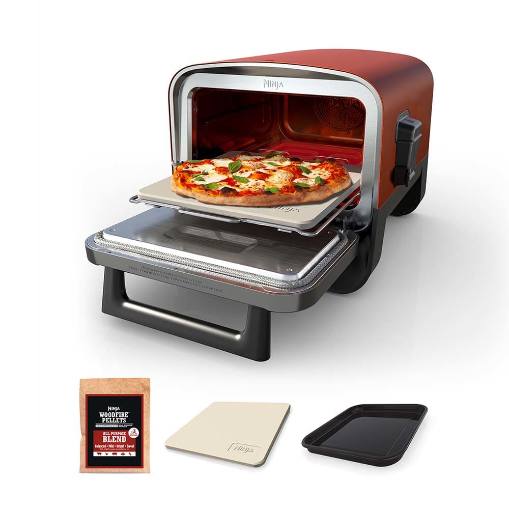 Ninja OO101 Terracotta Red outdoor oven with stone, pan, accessory frame and pellets