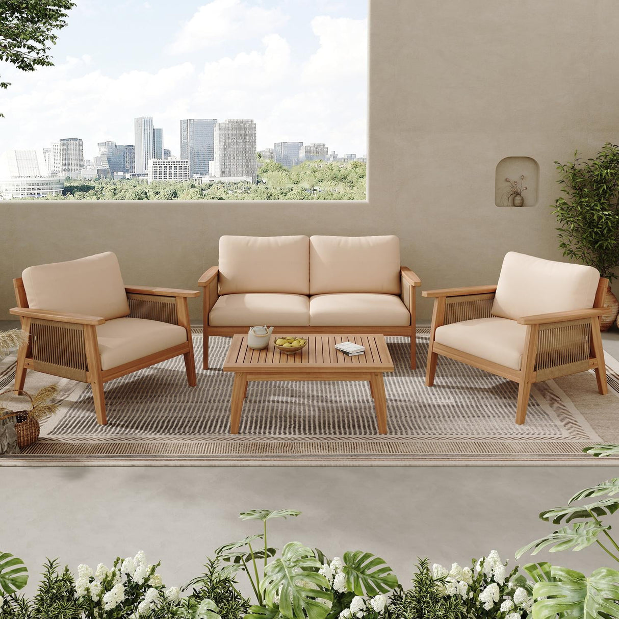 4-Piece Acacia Wood & Rope Patio Sectional Sofa Set