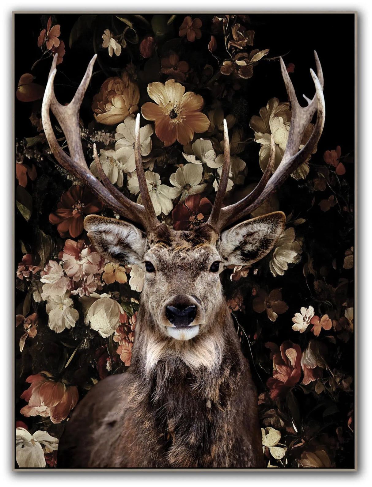 Deer on Flowers Hand-painted Gloss Canvas in Frame