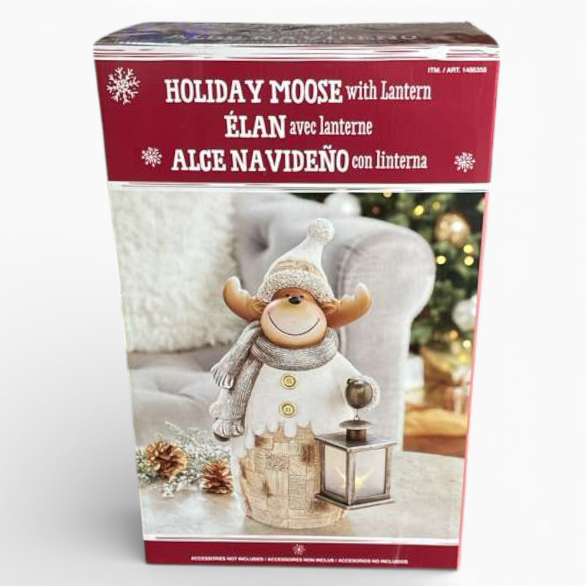 15 Inch Christmas Moose Woodchip Figure with LED Lantern