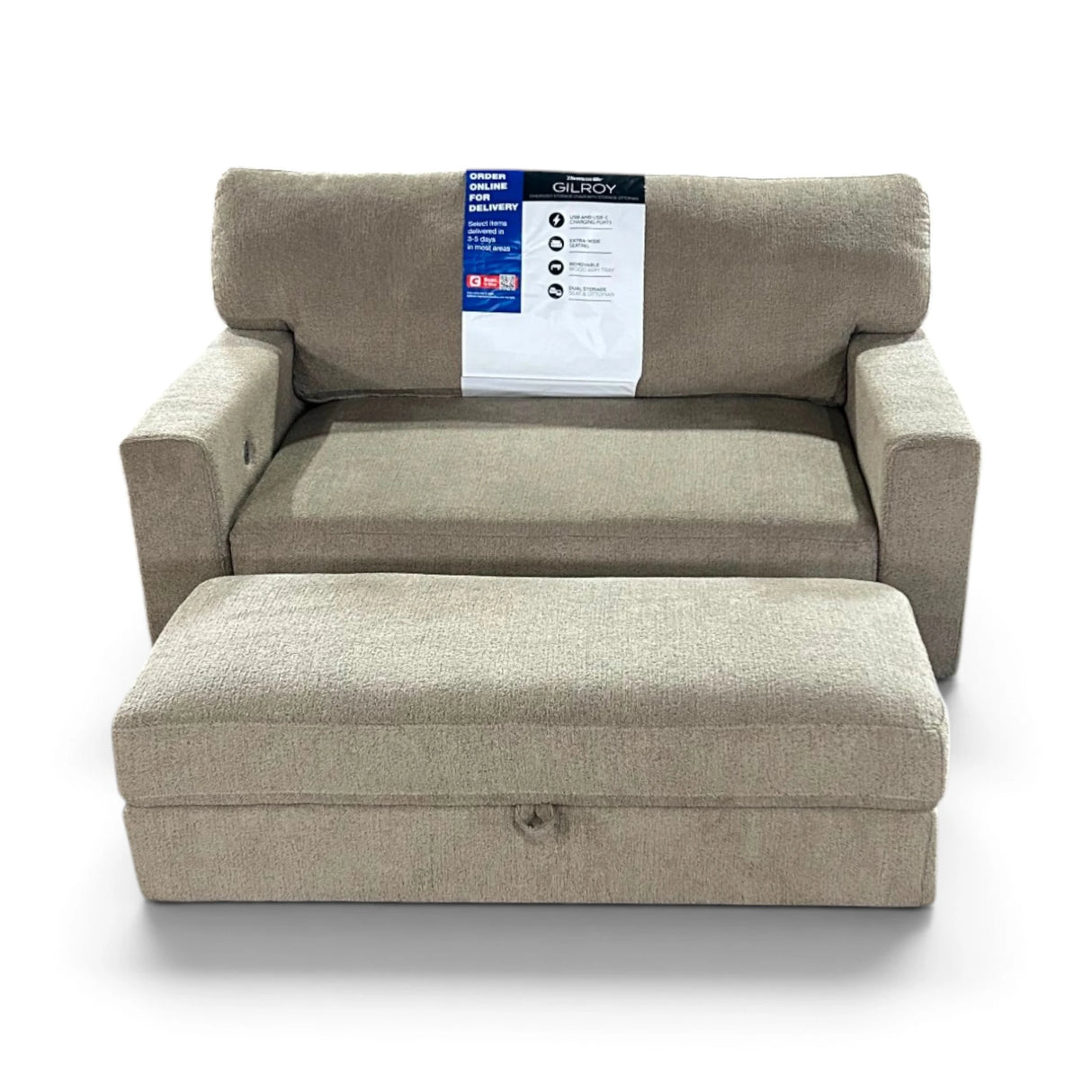 Thomasville Gilroy Oversized Fabric Storage Chair with Storage Ottoman, Taupe