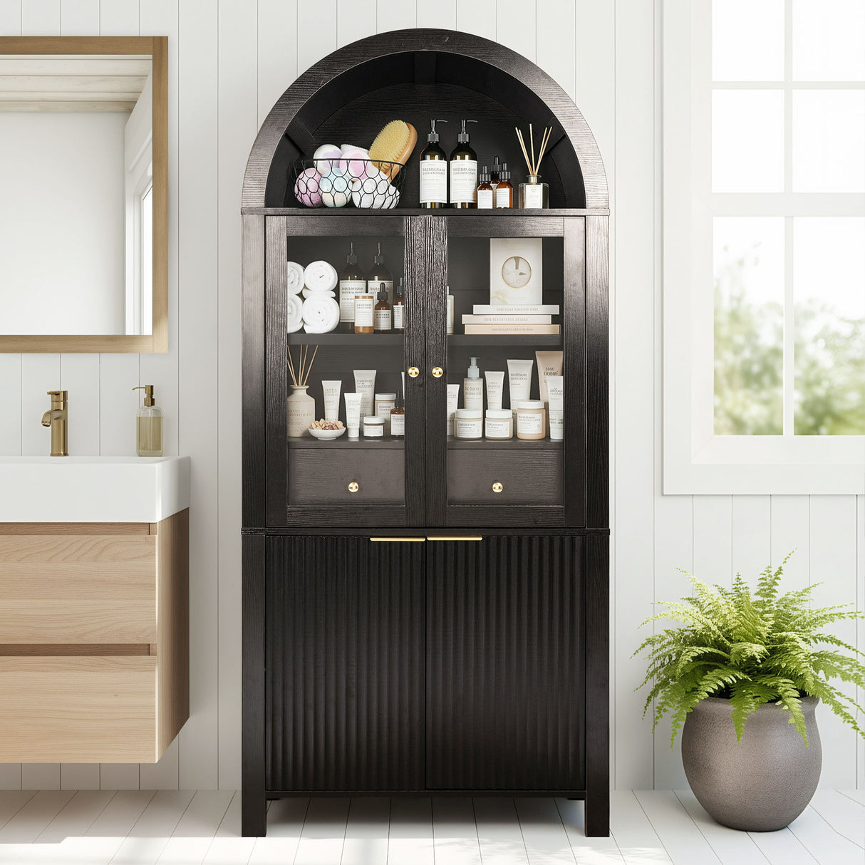 Fluted Tall Arched Pantry Cabinet With Adjustable Shelves, Glass Door & Hidden Drawer For Kitchen