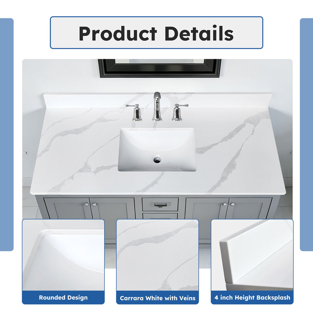 Bathroom Vanity Top With Undermount Sink, 3 Pre Drilled Holes