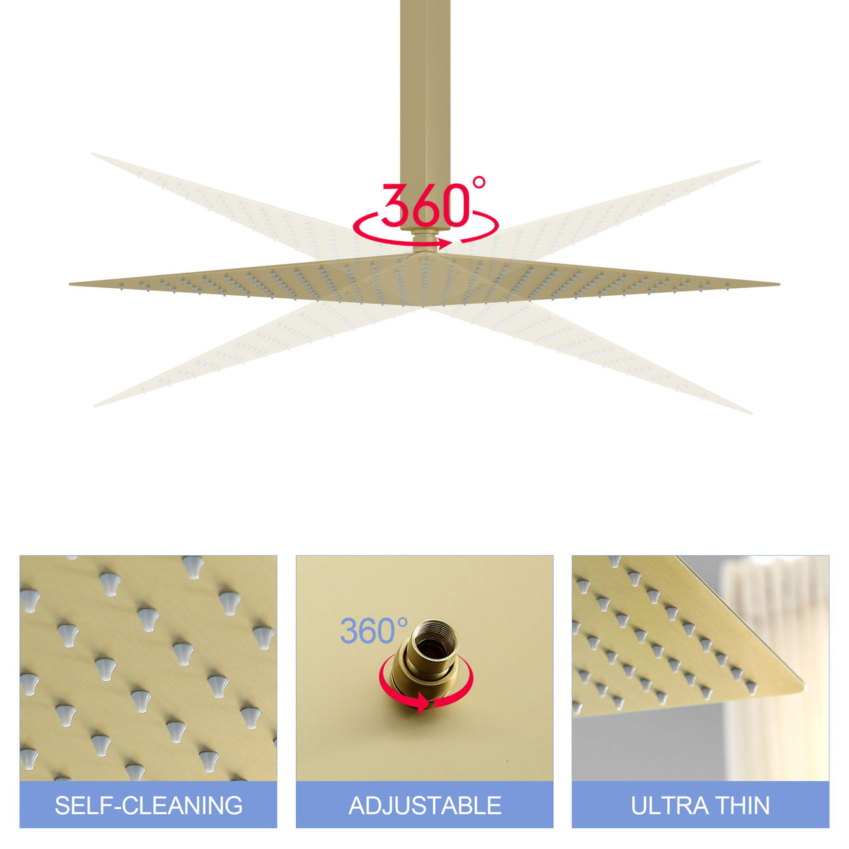 16" Square Rainfall Shower Head Fixed Wall Mount With Full Body Coverage & Self Cleaning Silicone Nozzles