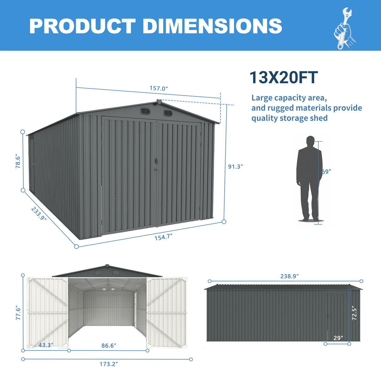 Outdoor Storage Shed Garden Building Metal Utility Tool House 239x91in Dark Gray