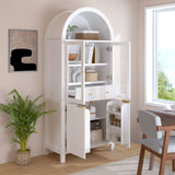 Fluted Tall Arched Pantry Cabinet With Adjustable Shelves, Glass Door & Hidden Drawer For Kitchen