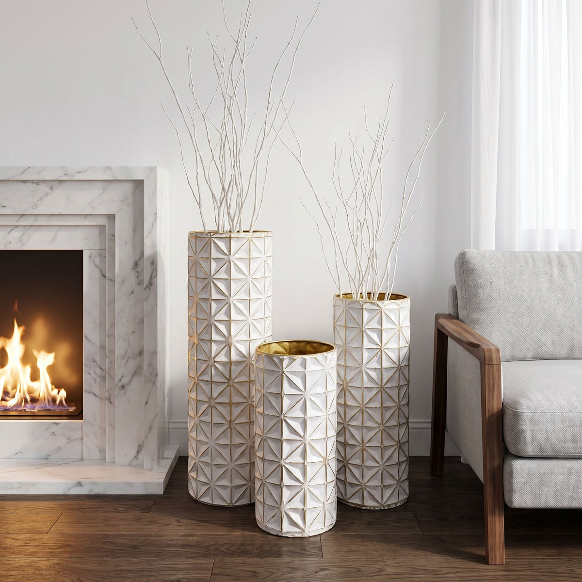 Tall Textured Geometric Decorative Floor Vases Home Decor (Set of 3) - White / Gold