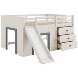 Modern Low Loft Bed With Slide, 3 Storage Drawers, And 2 Doors