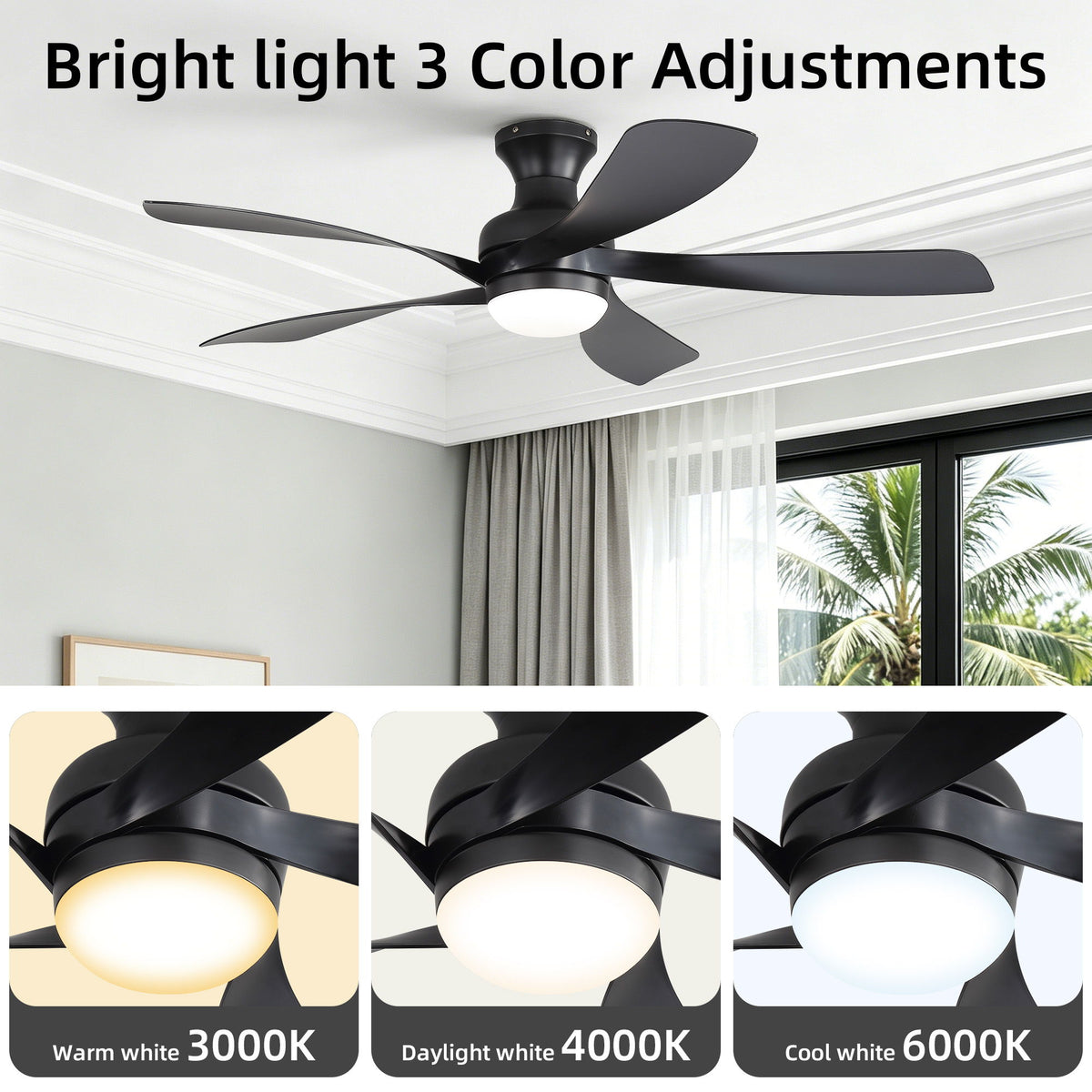 52" Ceiling Fan With 3 Color Dimmable LED Light, DC Reversible Motor, 6 Speed Settings