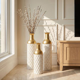 Diamond Embossed Floor Tall Vases Home Decor (Set of 3) - White / Gold