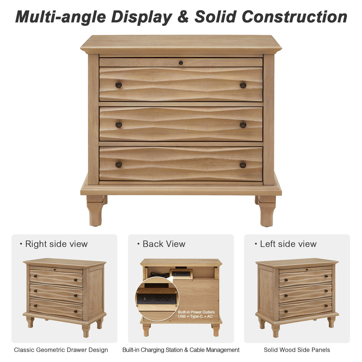 Nightstand With Charging Station, Bedside Table, 3 Drawers, USB And Type - C Ports