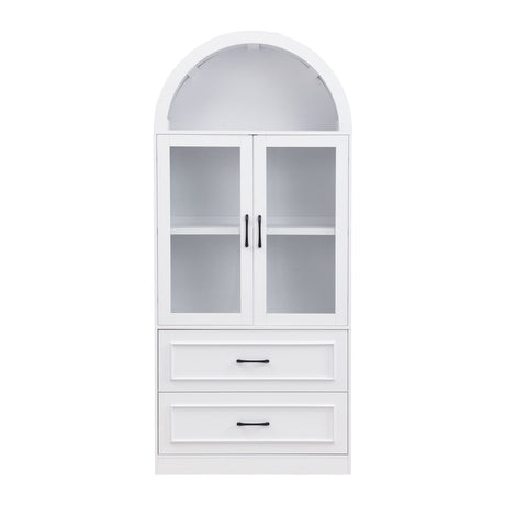 Arched Top Storage Cabinet With Fixed 2 Tier Shelves, 2 Large Drawers
