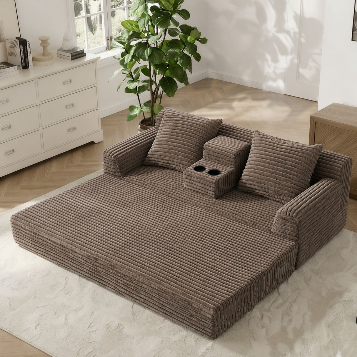 Soft Striped Convertible Sofa Bed, Dual Use Lounge Couch With Cup Holders And Pillows