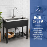 Freestanding Utility Sink With Pull Out Faucet And Large Storage Grille - Black / Silver