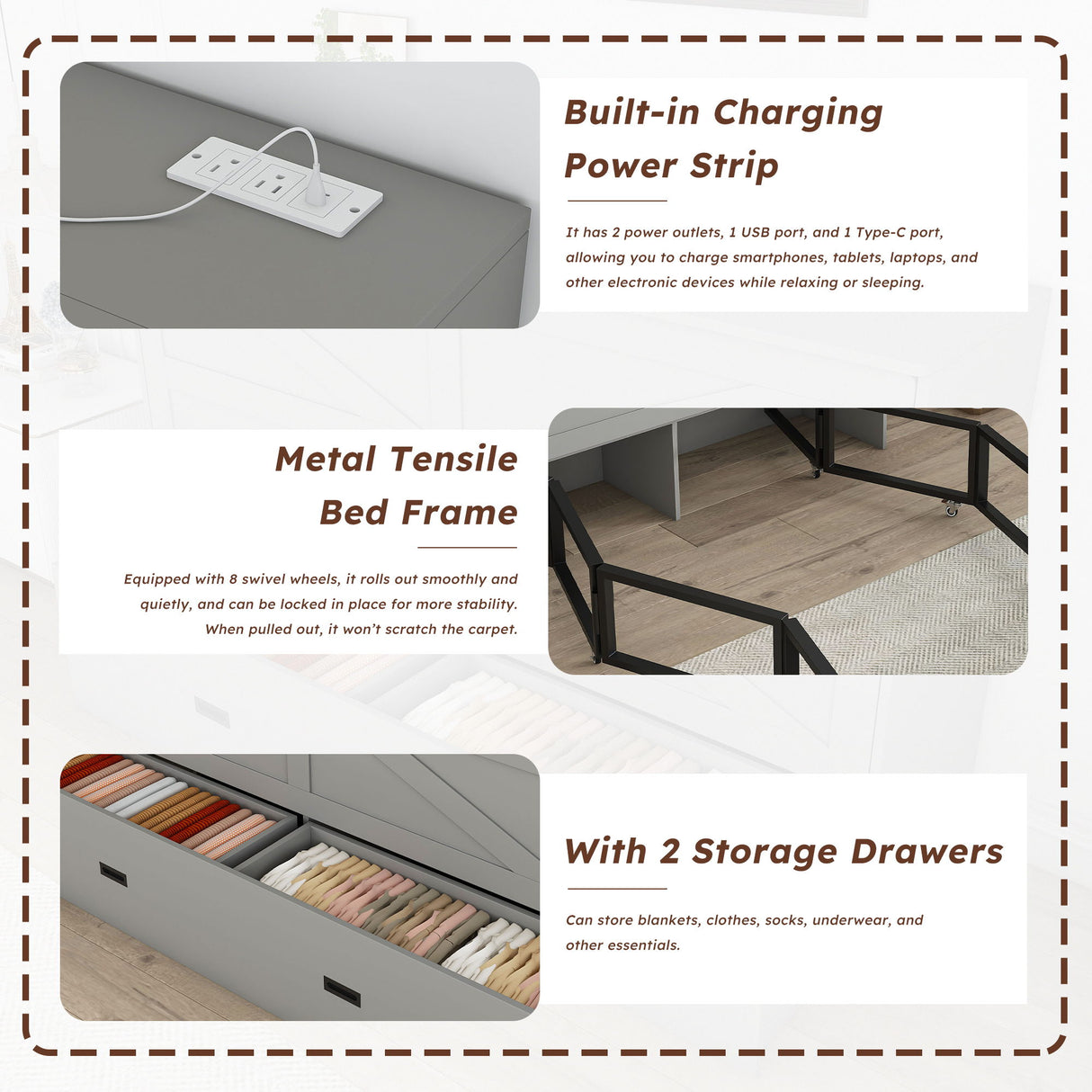 Full Murphy Bed With Storage Drawers, Charging Station, Foldable Panels, And Silent Swivel Wheels