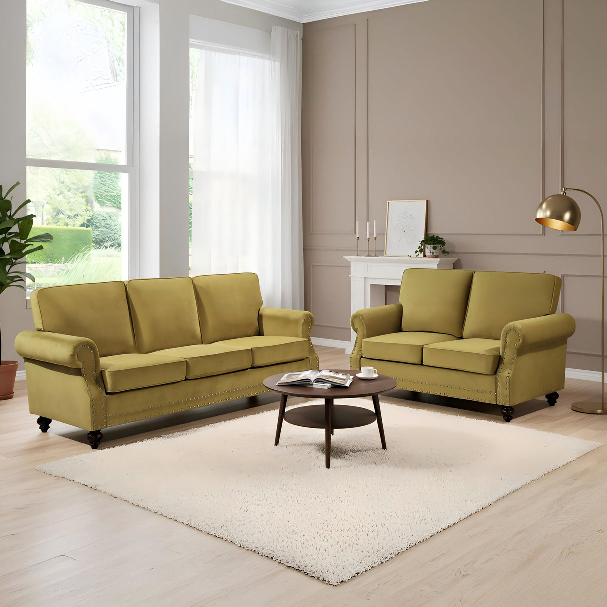 Loveseat Sofa With Nailhead Detail & Turned Legs, 2 Seater Upholstered Couch