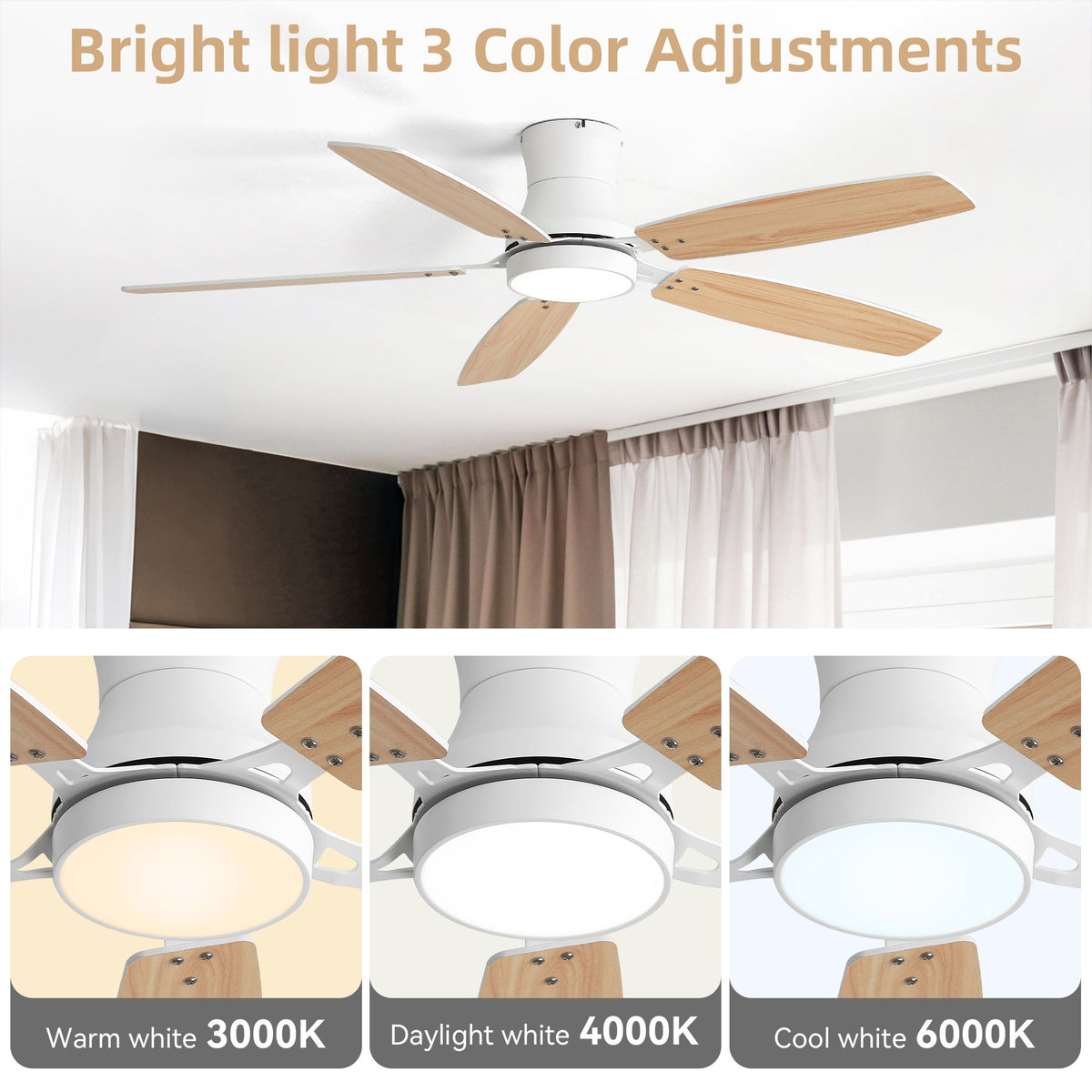 42" Ceiling Fan With Light, Tri Color Dimmable, DC Motor, 5 Blades