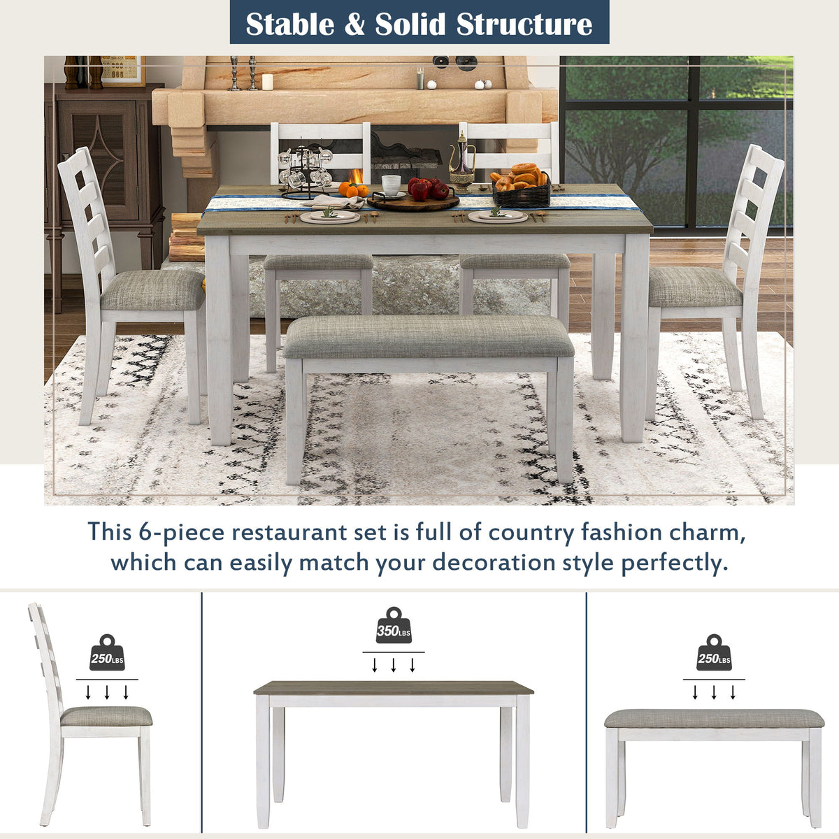 6 Piece Dining Set With 4 Upholstered Chairs & Bench - Brown / Whitewash
