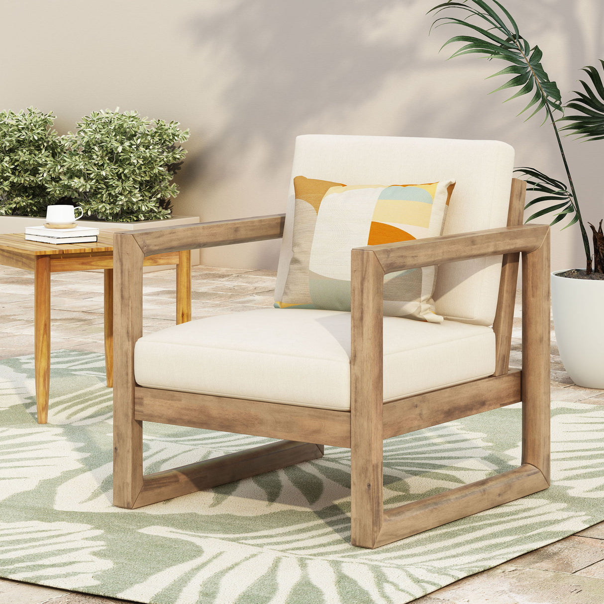 Outdoor Acacia Wood Patio Club Chair, Wood Patio Furniture, Waterproof Thick Cushion Deep Seating For Porch - Brown Wash / Beige
