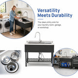 Freestanding Utility Sink With Pull Out Faucet And Large Storage Grille - Black / Silver