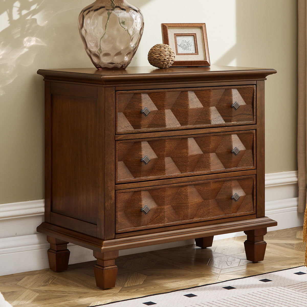 Nightstand With Charging Station, 3 Drawer Bedside Table - Walnut