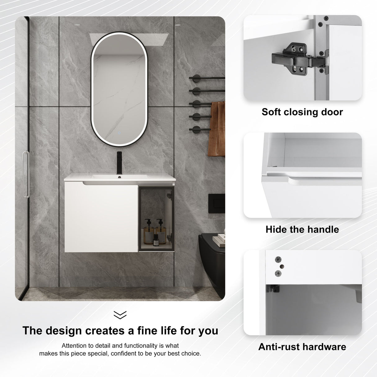 Wall Mounted Bathroom Vanity With Sink, 2 Soft Close Doors, Cabinet & Half Door
