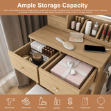 Small Vanity Desk With 3 LED Lighting Modes, 3 Drawers, Hair Dryer Holder, Power Socket, And Dressing Chair - Natural Walnut