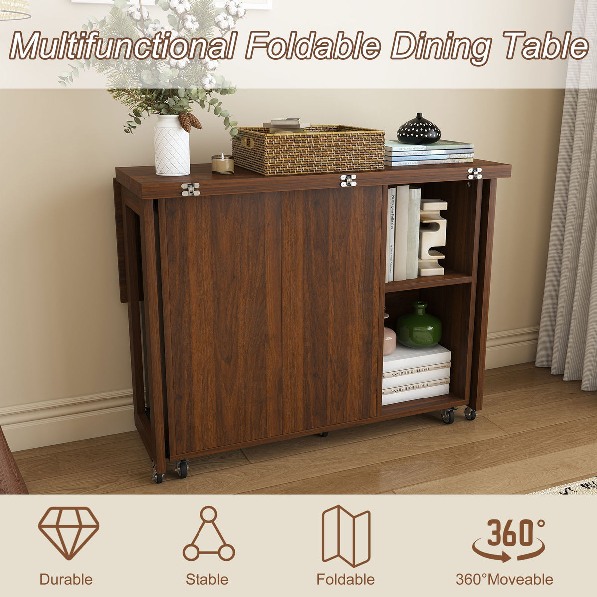 3 In 1 Foldable Side Table With 4 Storage Shelves