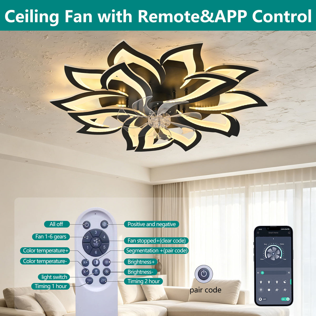 Ceiling Fan With Remote Control And Lights, 6 Speeds, 3 Color Temperatures, Low Profile Flush Mount