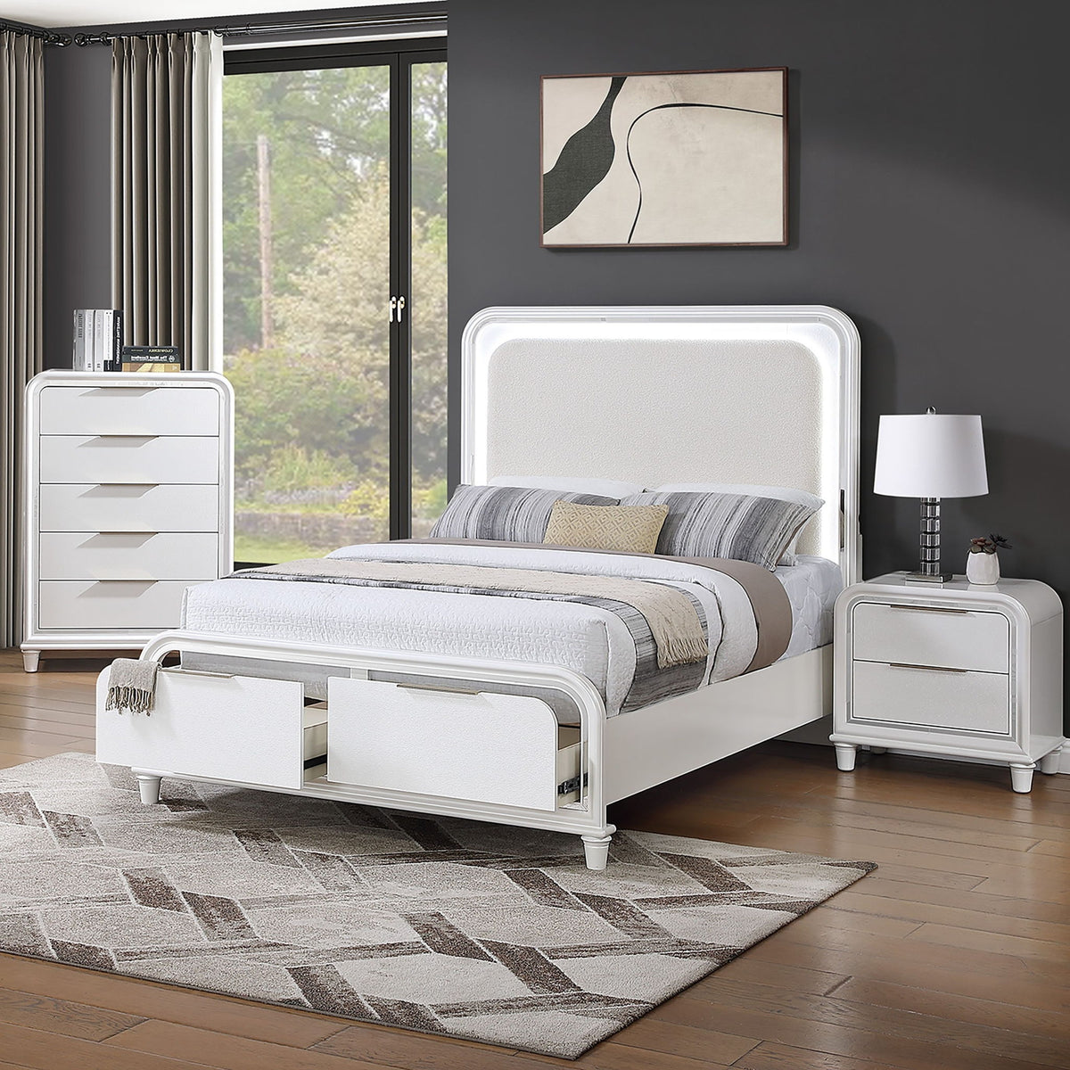 Bed With LED Lights Panel Headboard And Footboard Frame