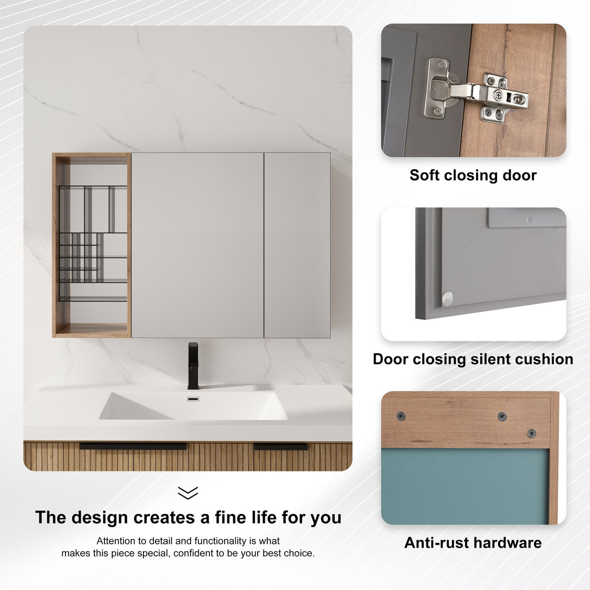 Wall Mounted Bathroom Mirror Cabinet, Adjustable Shelves - Imitative Oak