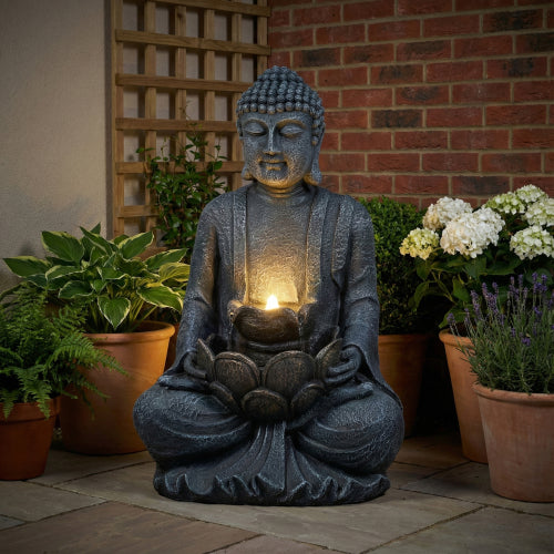 28" Height Zen-Style 2-Tier Meditating Buddha Water Fountain with Pump & LED Light, Outdoor Waterfall & Buddha Statue for Garden, Patio & Backyard