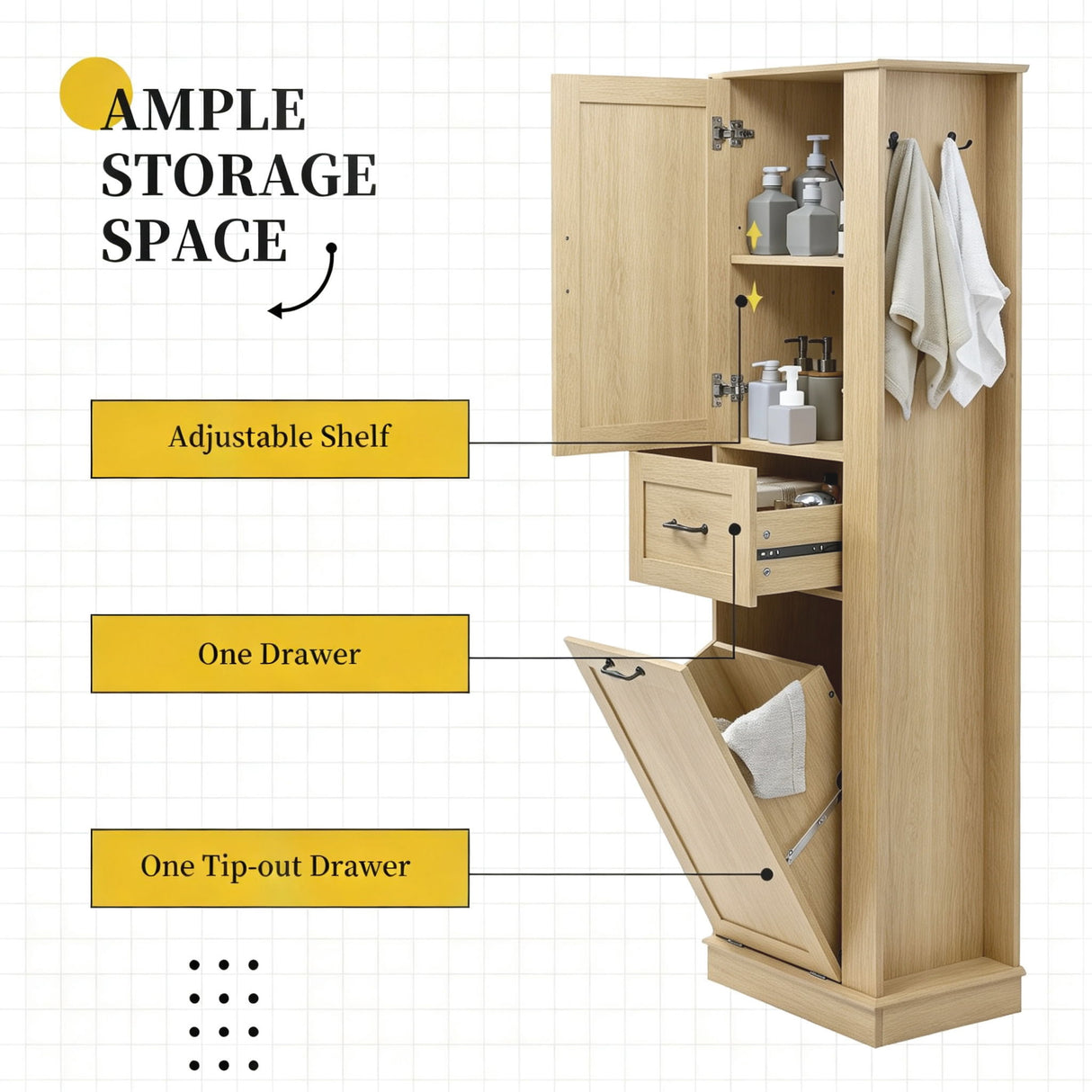 Modern Tall Storage Cabinet With Tilt-Out Compartment, Adjustable Shelves