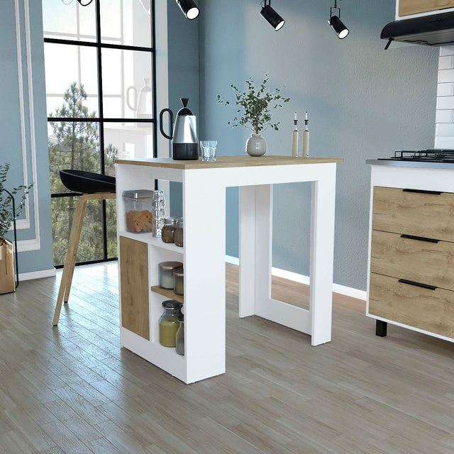 Kitchen Island Three Open Side Storage Shelves And One Push-To-Open Cabinet - White / Macadamia - Islands & Carts - Alpine Outlets