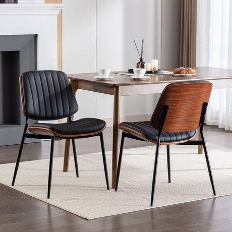 Dining Chairs (Set of 2) Mid-Century Modern Retro Faux Leather Chair With Walnut Bentwood Back Upholstered Seat Metal Legs Adjustable Foot For Kitchen Dining Room Chairs - Chair Sets - Alpine Outlets