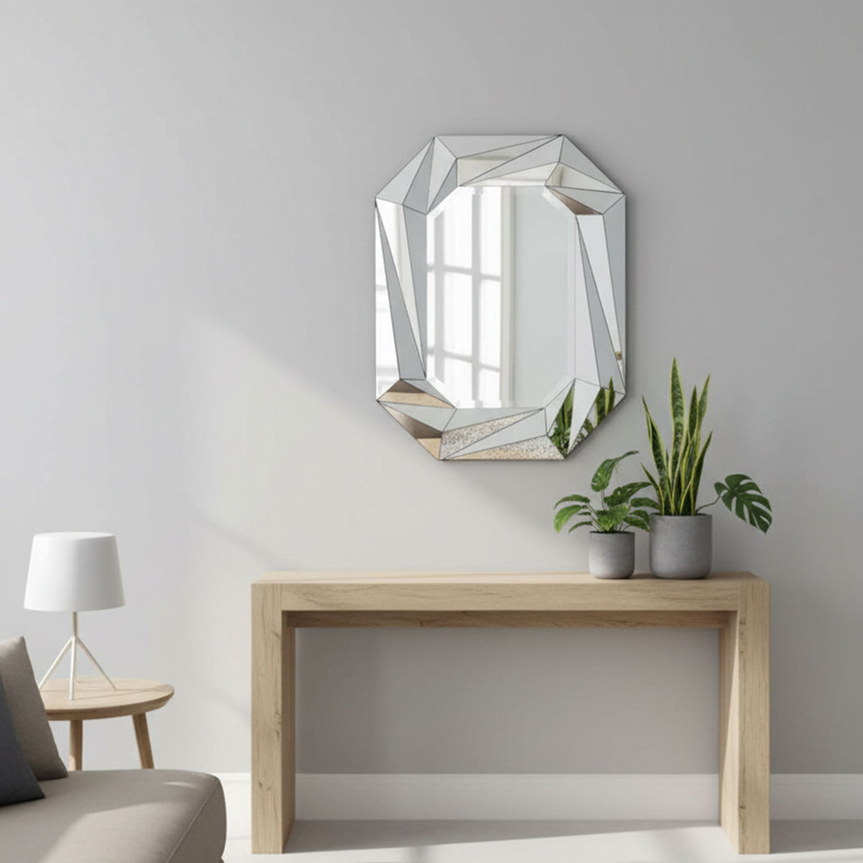 Diamond Shaped Wall Mirror With Beveled Edge Frameless Design - Silver