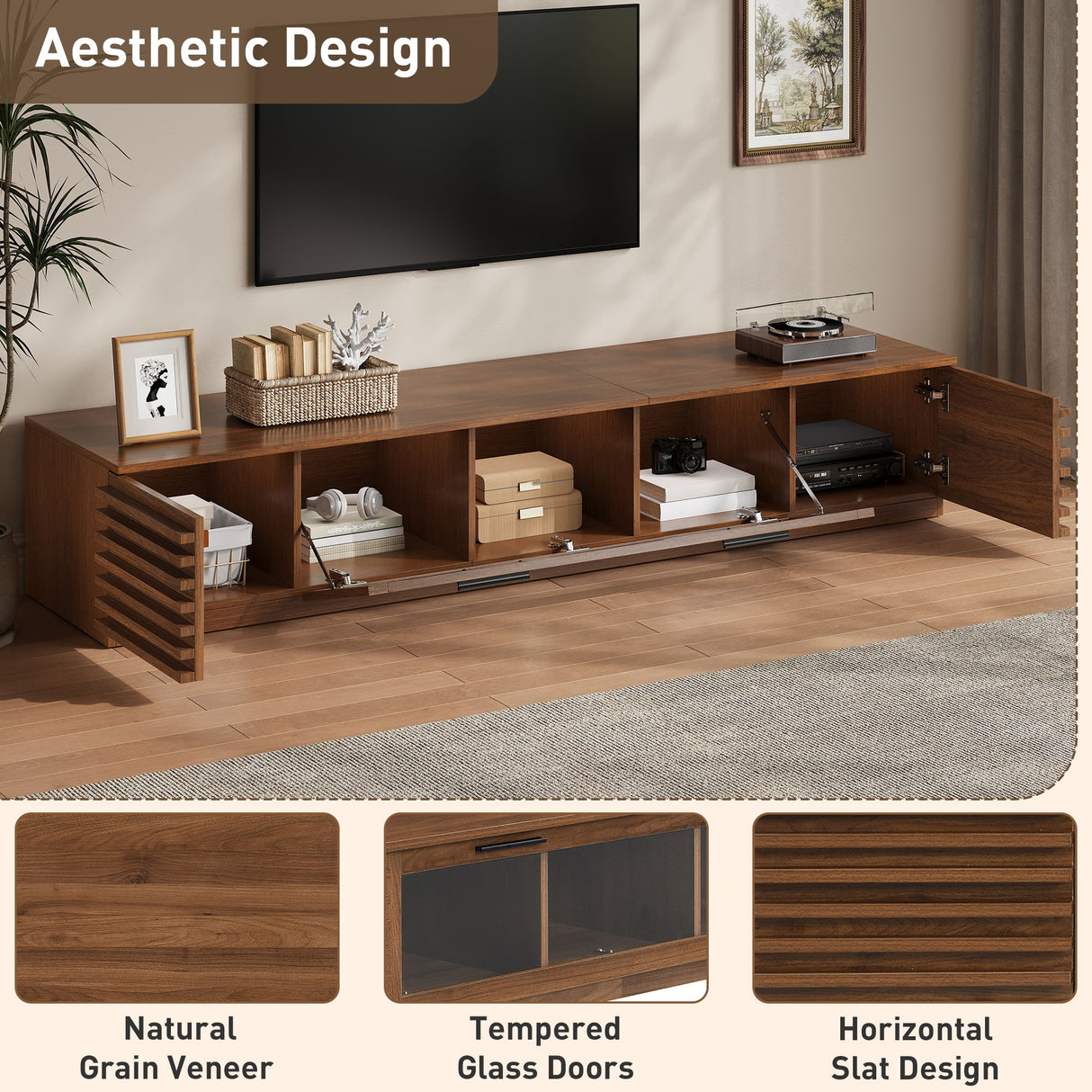 TV Stand With LED Lighting, Soft Closing Hinges, Cable Management - Walnut