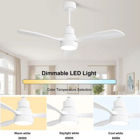 48" Ceiling Fan With Dimmable 3Cct LED Light, DC Motor, Reversible - White
