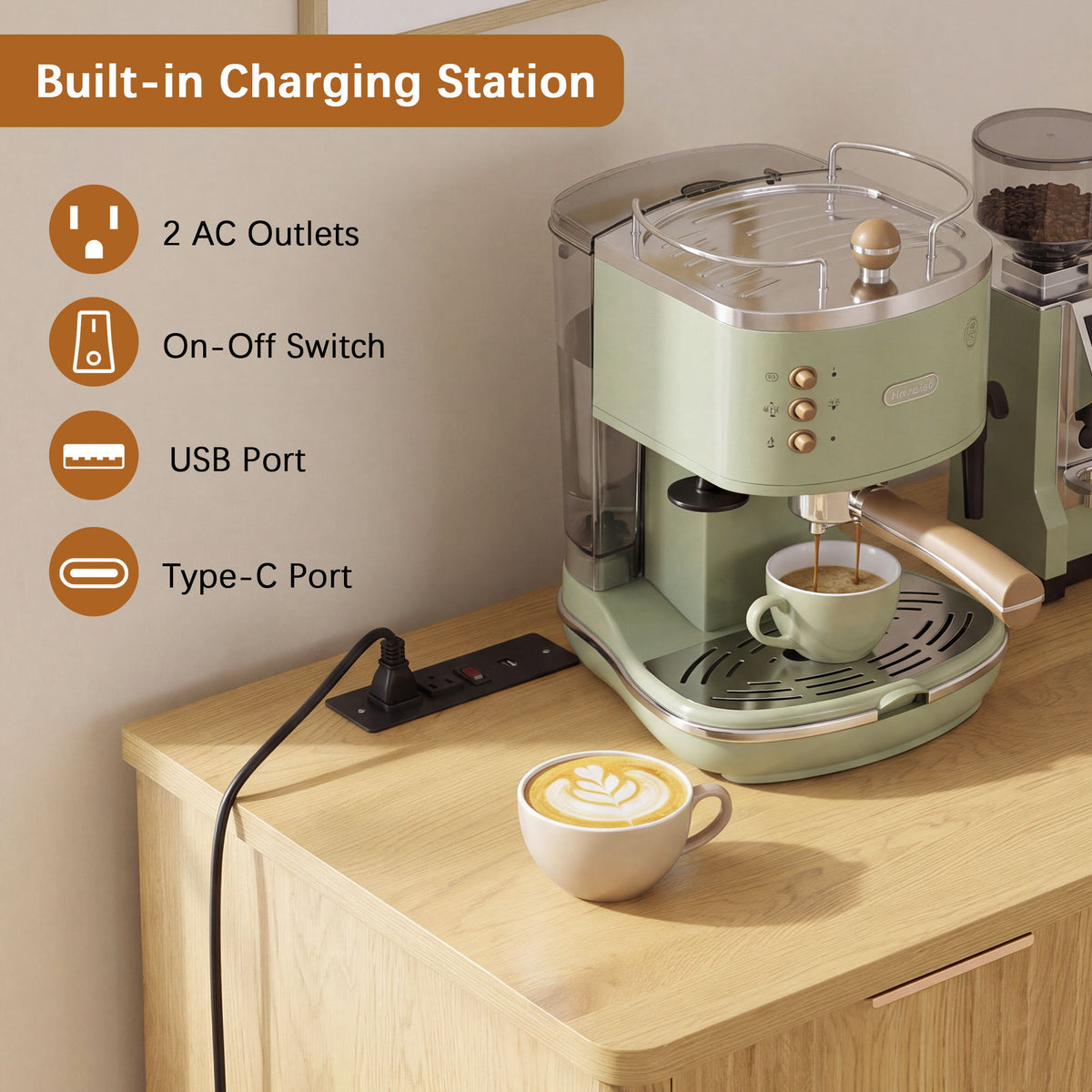 Fluted Coffee Bar Cabinet With Mini Fridge Space & Charging Station - Natural
